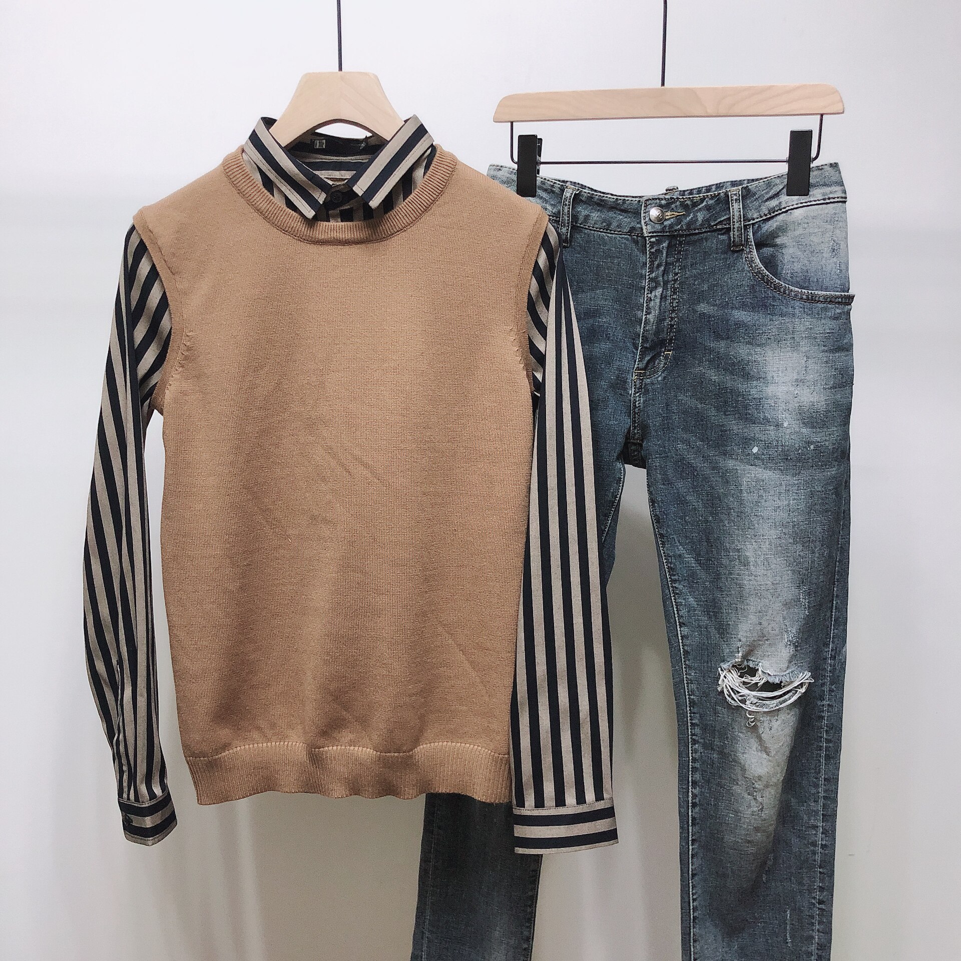 加绒加厚高品质针织衫假两件男士套头休闲毛衣男M6613_P100,男装针织衫/毛衣,电商C309