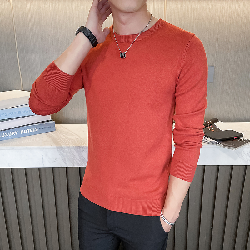 桔_秋冬新款男士纯色圆领针织衫韩版修身打底长袖毛衣M31#P35，男装T恤，电商C309