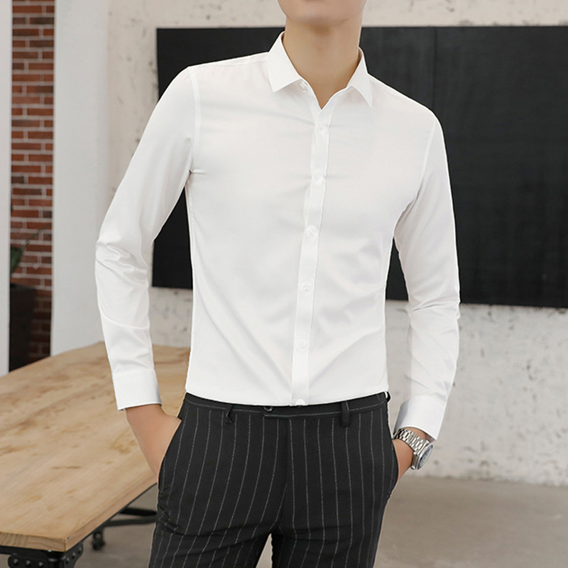 【商场同款】2025新款男士衬衫商务男装纯色职业弹力长袖白色上衣