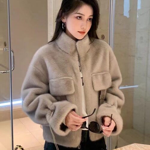 清仓 冬季新款仿皮毛一体外套女短款毛毛绒大衣