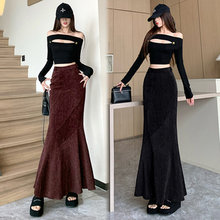 someone sometimes 原创微光单面绒复古中长鱼尾半身裙