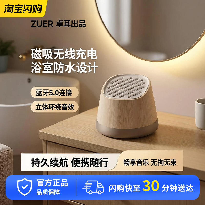 ZUER卓耳磁吸无线充蓝牙音箱浴室户外迷你立式音响支架环绕立体声