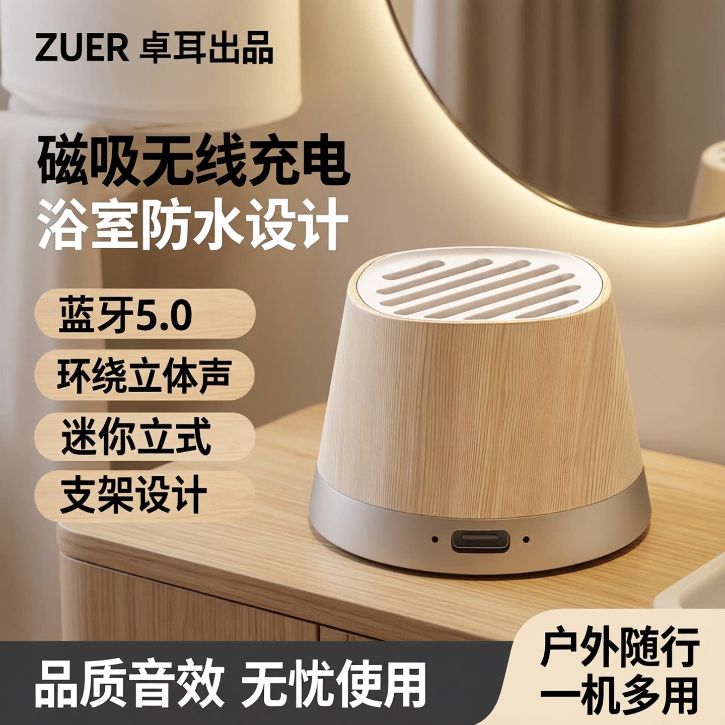 ZUER卓耳磁吸无线充蓝牙音箱浴室户外迷你立式音响支架环绕立体声