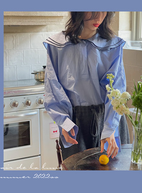 《格格布鲁蓝》_22夏 描边多层海军蛋糕领 套头式纯棉娃娃领衬衫