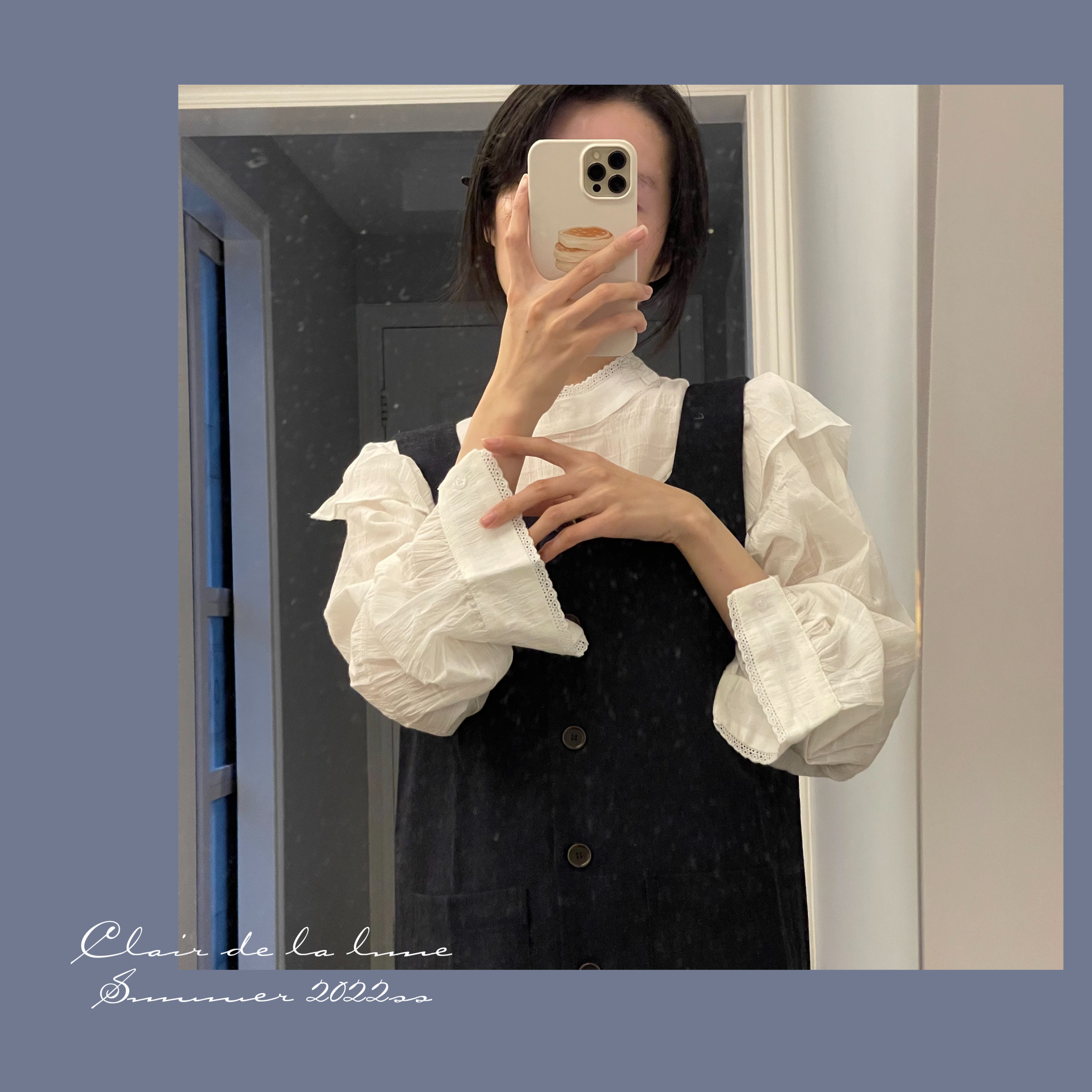 Clair de la lune_《松石雀蓝》小方领羊毛呢直筒纽扣背心连衣裙