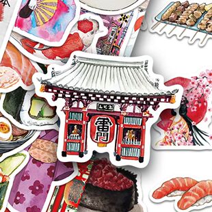 128张水彩日本旅行贴纸复古风怀旧小物件建筑手账笔记本防水贴画