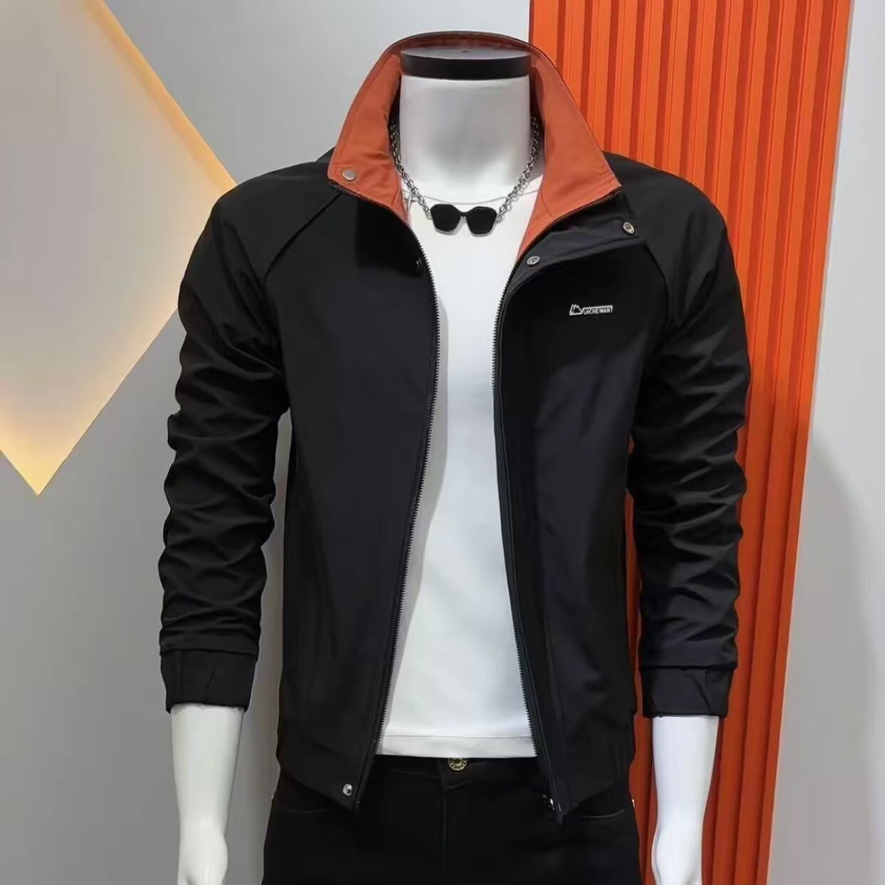 韩版男士立领夹克外套修身拼色时尚百搭薄款春装潮男穿搭夹克外套