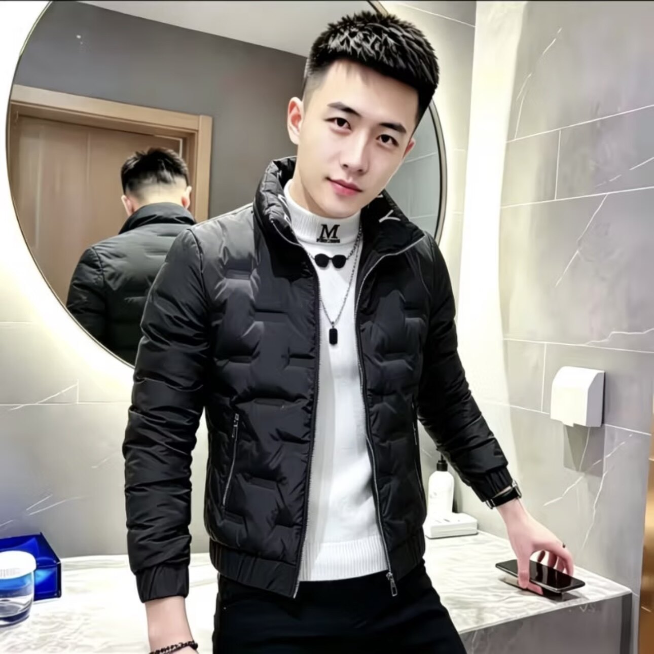 男士立领修身休闲保暖新款棉服外套气质个性休闲风冬季款加绒加厚