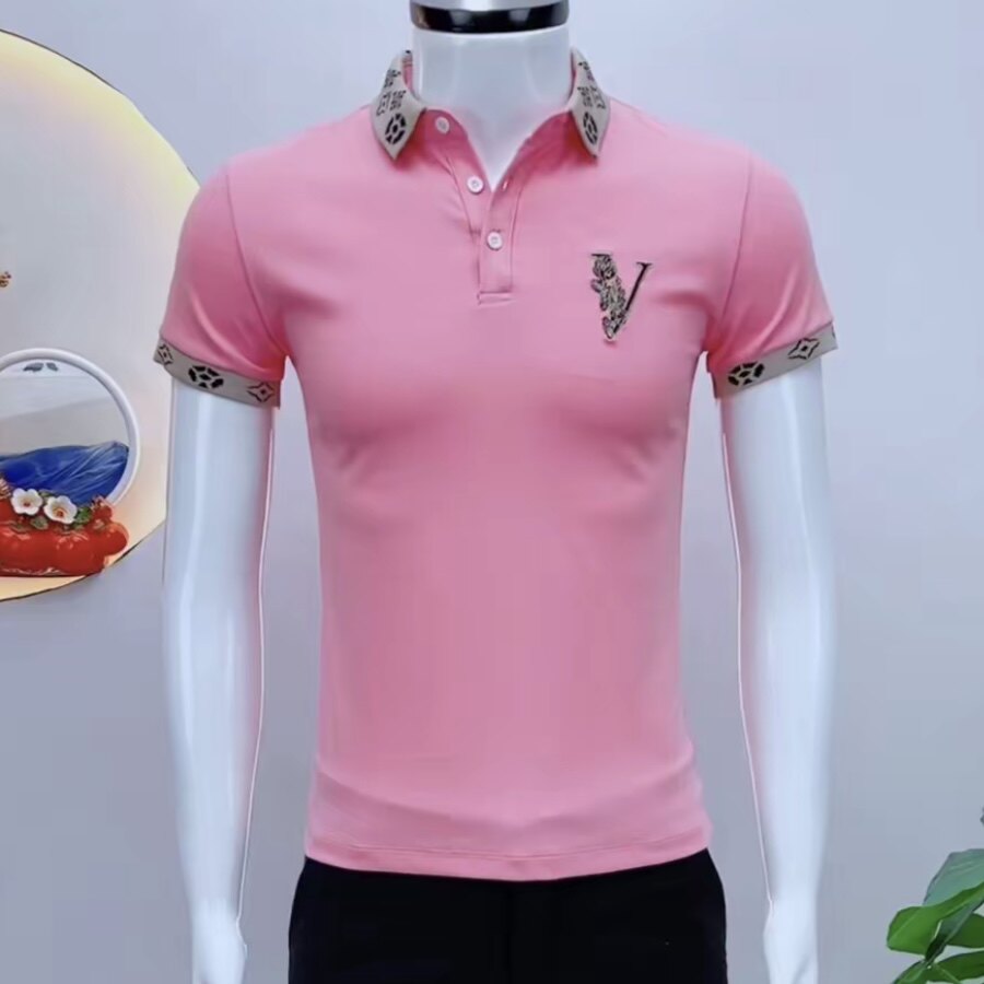 潮牌翻领POLO衫短袖时尚气质粉色刺绣修身百搭T恤上衣时尚男装潮.