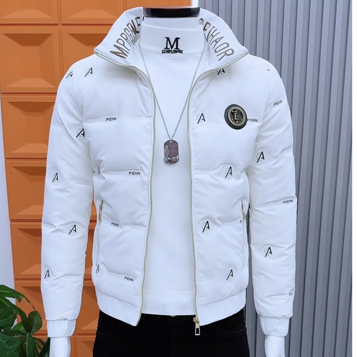 潮牌轻薄棉服男冬季高级感时尚拉链修身白色棉衣外套百搭洋气棉服
