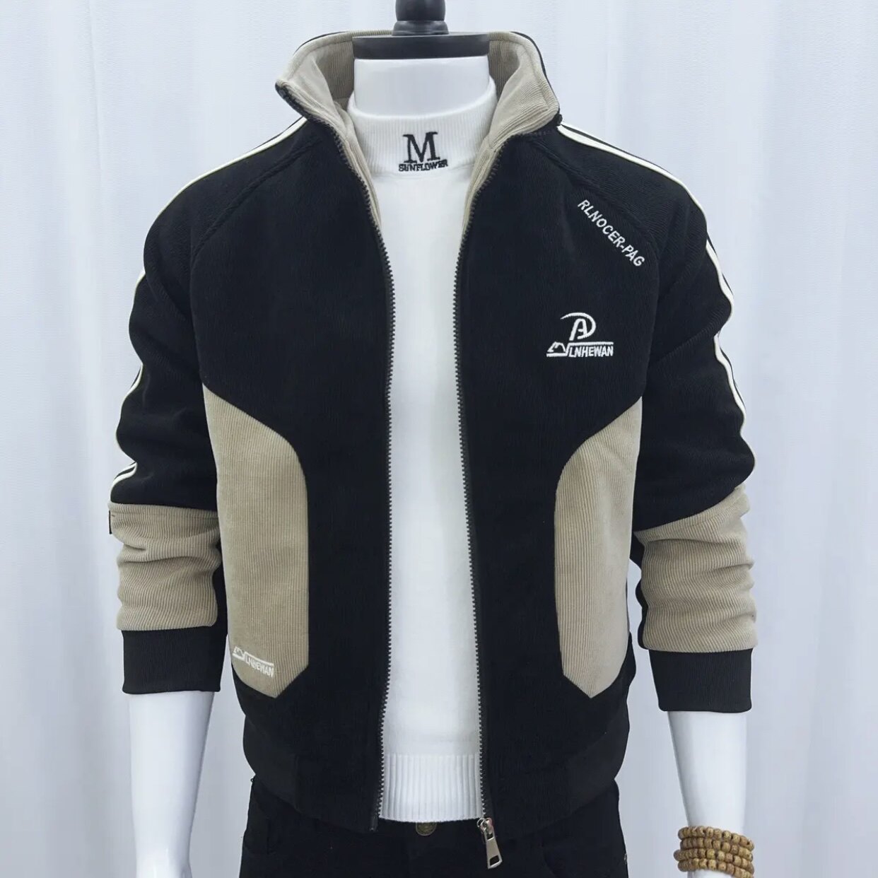 轻熟风立领加绒夹克男修身拼色保暖外套冬季百搭男装时尚气质夹克