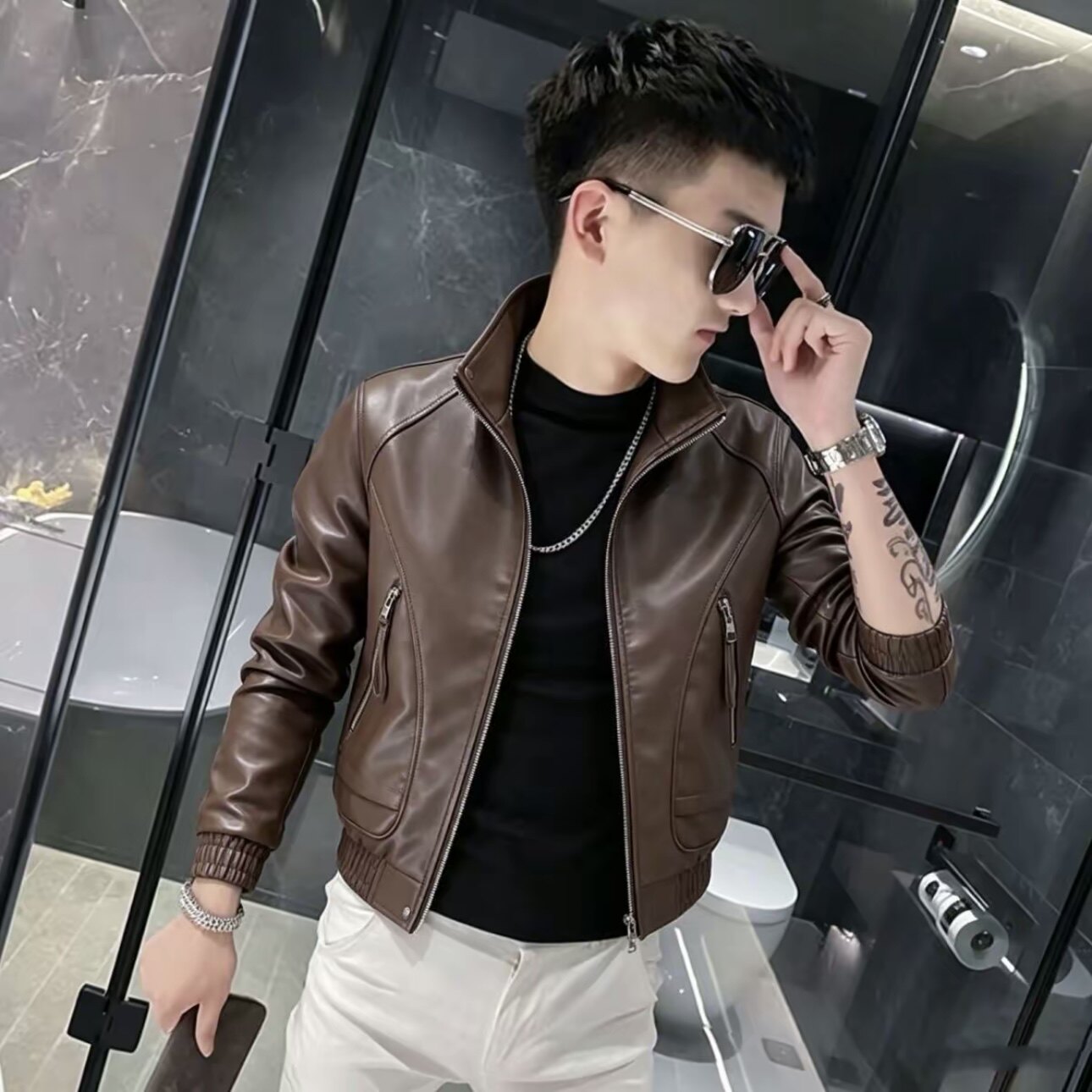 休闲风春秋款气质个性男生外套修身显瘦时尚潮流百搭皮衣帅气爆款
