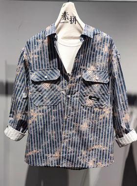 素拼男装春秋季新款长袖衬衫潮牌宽松条纹百搭质感SPACS335026BM