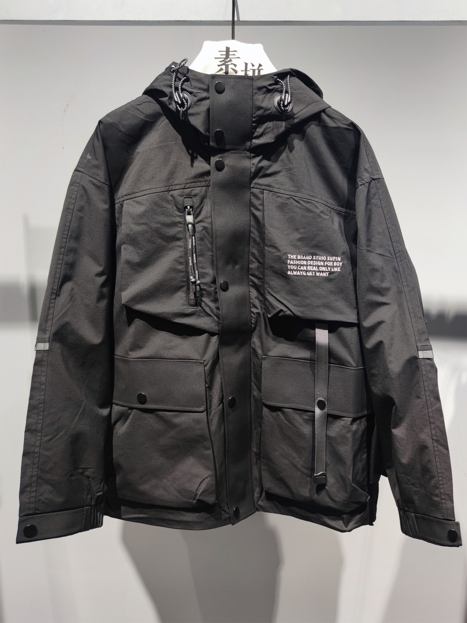 素拼男装春秋季新款夹克潮牌宽松黑标三防科技连帽冲锋衣外衣