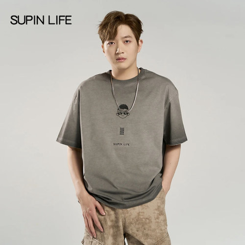 素拼男装夏季新款特宽短袖T恤男复古做旧印花SPADT523018AM