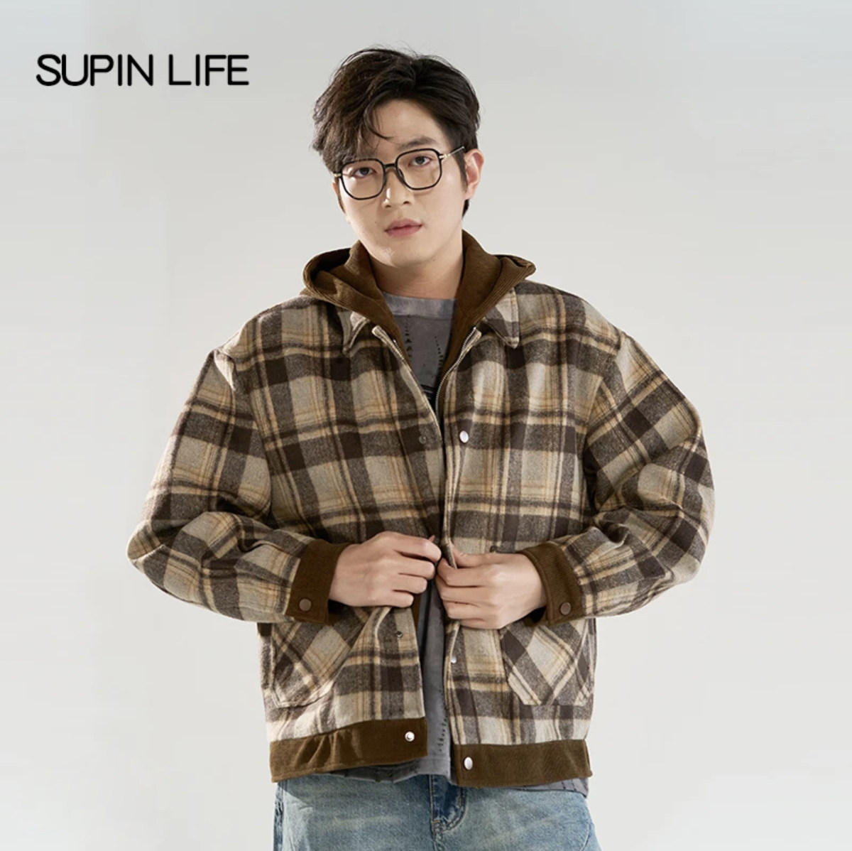 素拼男装D春季新款连帽夹克短款高级感格子痞帅外套时尚外衣