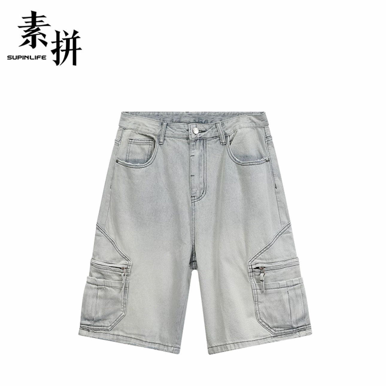 素拼男装夏季新款牛仔短裤多口袋休闲五分宽松水洗SPBZD523275AM