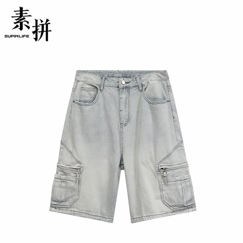 素拼男装夏季新款牛仔短裤多口袋休闲五分宽松水洗SPBZD523275AM