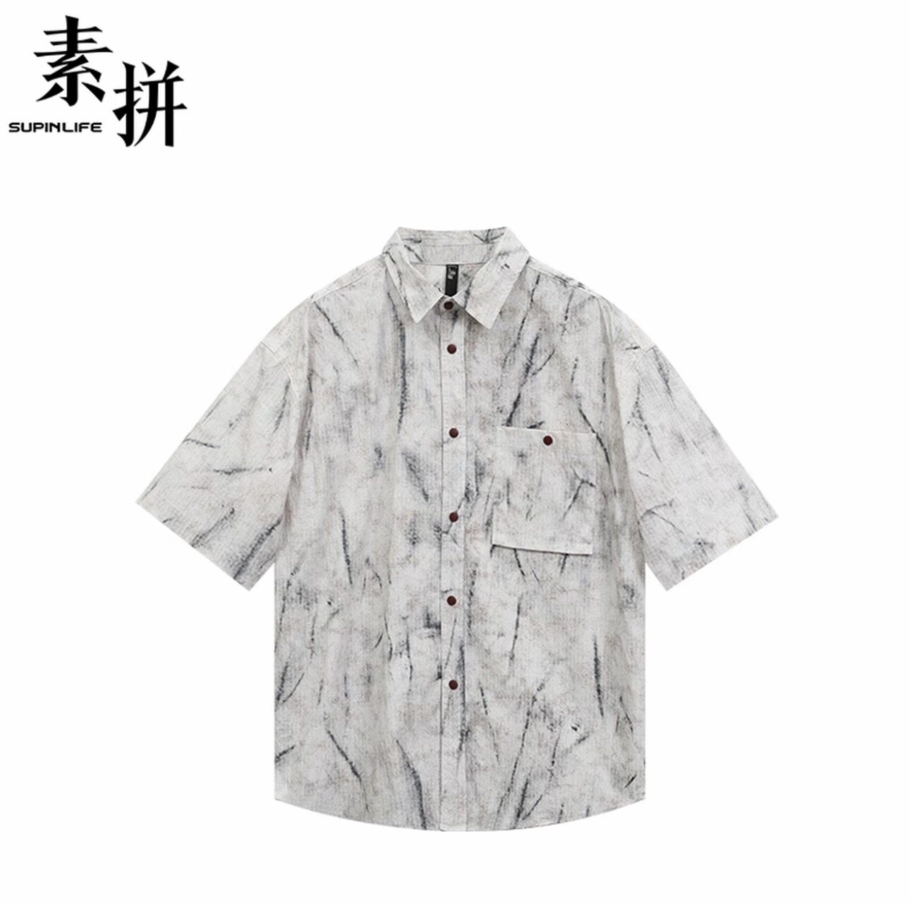 素拼男装夏季新款衬衫休闲风开衫宽松翻领扎染短袖SPACS523321AM