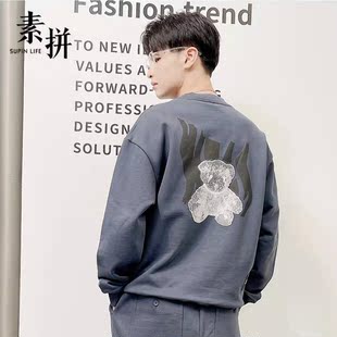 素拼男装秋冬季新款卫衣潮牌厚款宽松小众运动潮牌圆领百搭纯棉