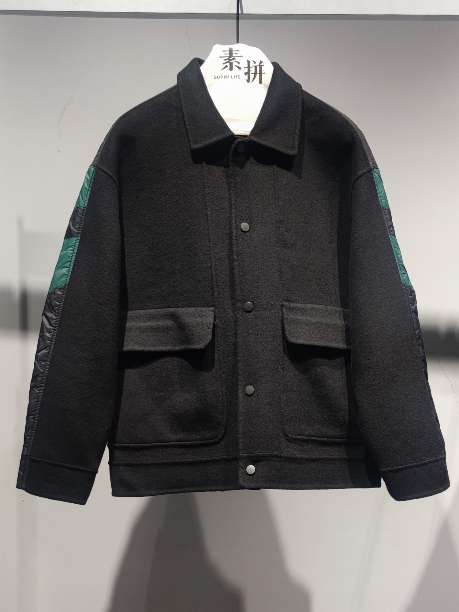 素拼男装冬季新款羽绒服毛呢拼接撞色轻薄款痞帅通勤保暖外套