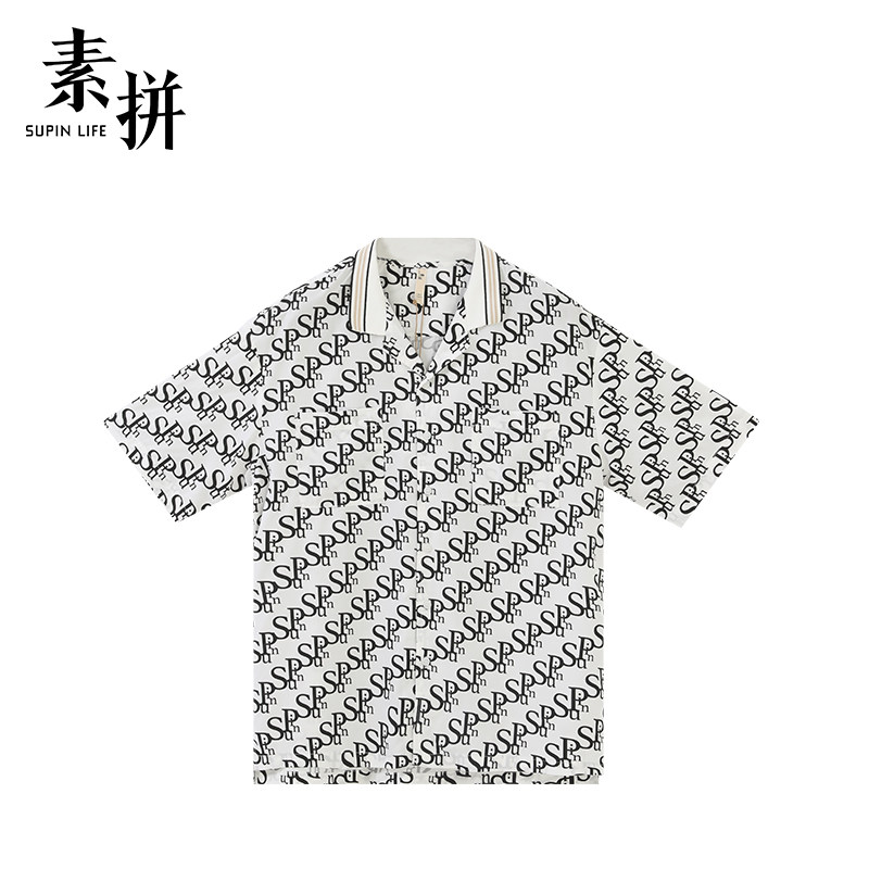 素拼男装夏季新款短袖衬衫男潮满印高级设计感街头痞帅小众宽松