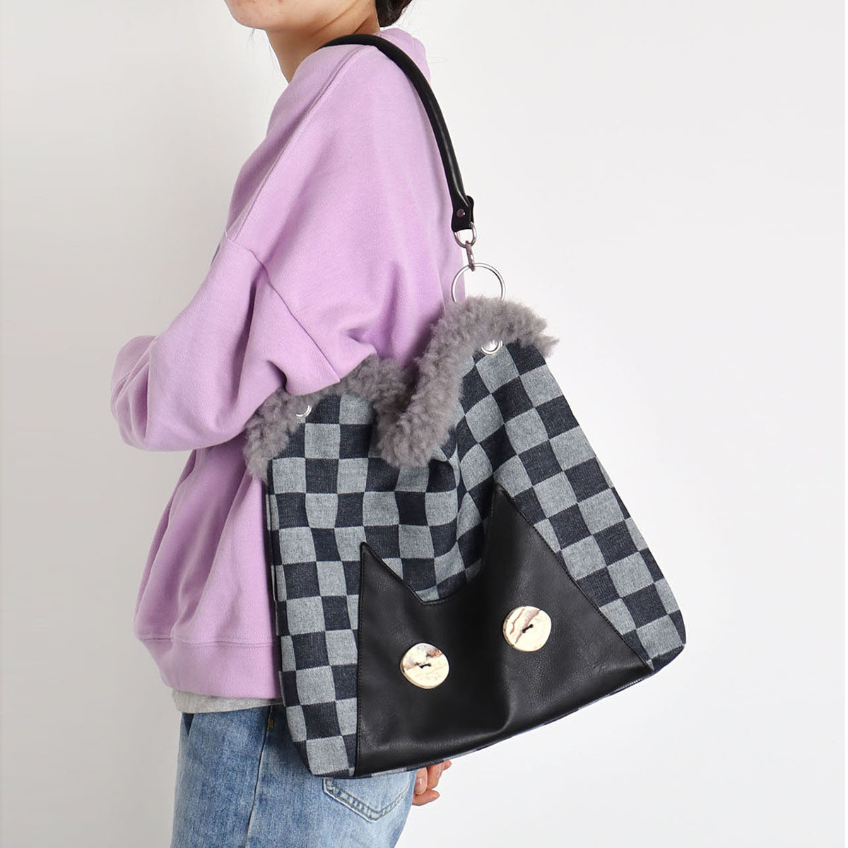 苏小塔原创 猫咪格子托特包包女可爱百搭小众大容量毛绒边单肩包,箱包皮具/热销女包/男包,托特包,淘宝优惠券,粉丝福利购,淘宝优惠卷