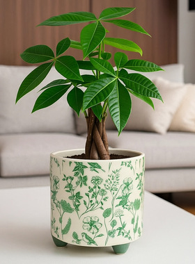 新中式创意绿色青花三脚盆器办公室桌面摆件陶瓷花盆