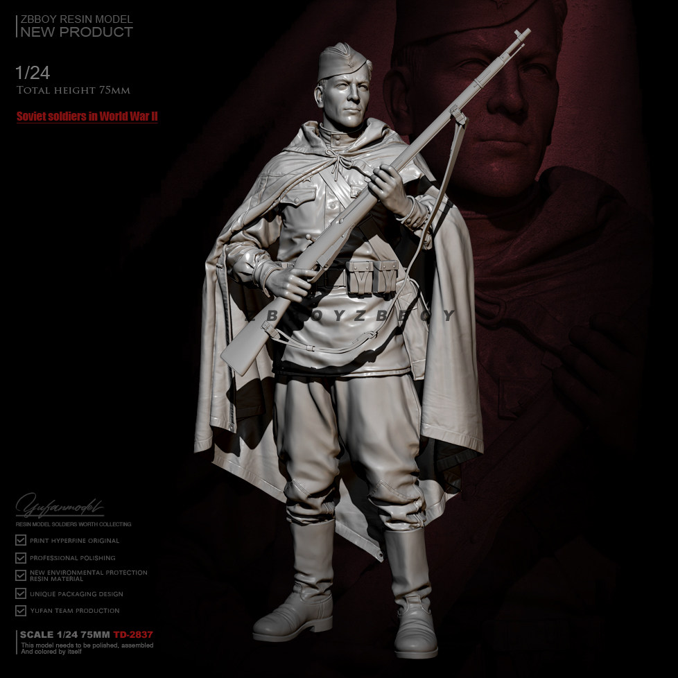 75mm ZBBOY监制 苏军修复版 树脂手办 二战兵人 白模 TD-2837