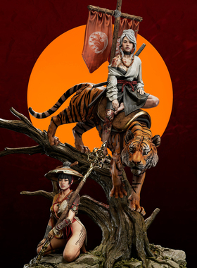 骑虎人高 38mm 50mm 75mm 猛虎下山女忍者 树脂兵人 TD-7256/3D