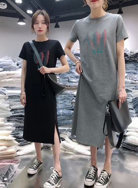 夏季新款短袖连衣裙女式休闲遮肚大码宽松中长款过膝打底T恤裙子