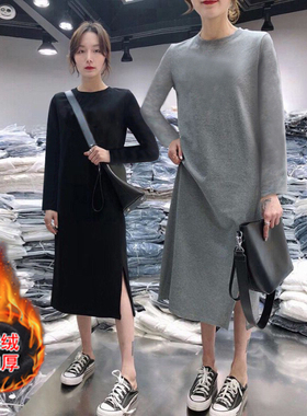 春秋新款长袖连衣裙女式休闲遮肚大码宽松中长款过膝打底T恤裙子