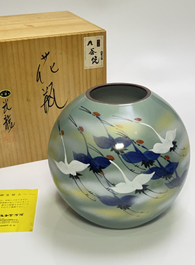 日本 回流 九谷烧 光龍作 手绘仙鹤纹  花瓶 花器 赏瓶 摆件