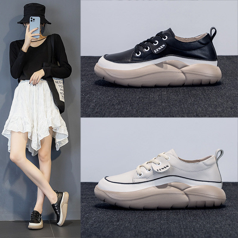 头层牛皮单鞋女2025春秋新款小白鞋女软皮女士系带休闲真皮低帮鞋