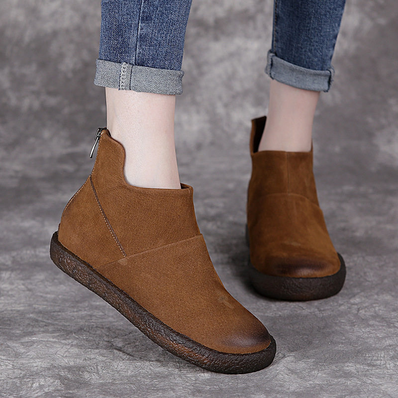 复古真皮短靴女2025春秋平底手工牛皮女靴圆头休闲套脚懒人靴单鞋,女鞋,时装靴,淘宝优惠券,粉丝福利购,淘宝优惠卷