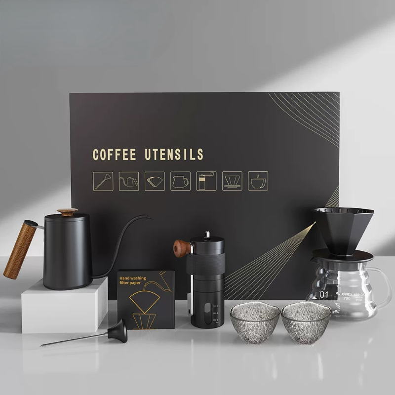 新款咖啡礼品盒八件套手冲咖啡壶套装礼盒磨豆机分享壶滤杯便携
