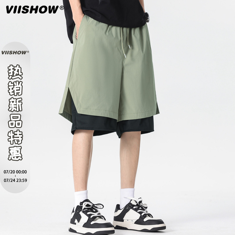 VIISHOW2025年夏季新款假俩件休闲短裤男美式宽松五分裤5情侣潮牌
