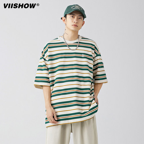 VIISHOW日系潮牌条纹短袖T恤男