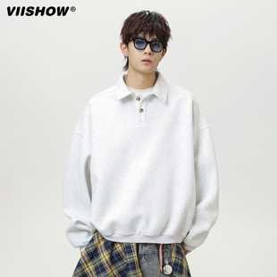 POLO衫 VIISHOW春秋复古简约纯色长袖 男潮牌宽松情侣休闲百搭卫衣