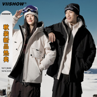 韩版 连帽2025秋冬新款 宽松外套 户外羽绒服男情侣短款 VIISHOW工装