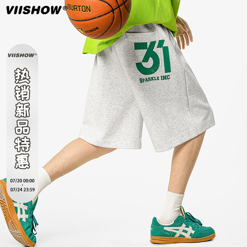 VIISHOW夏季徽章印花运动短裤男潮牌街头宽松阔腿休闲百搭五分裤
