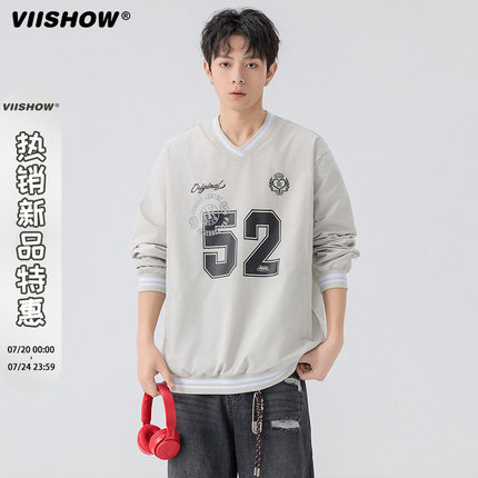 VIISHOW2025年春季新款时尚潮牌撞色V领抽绳套头长袖卫衣外套男