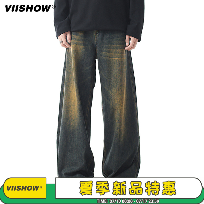 VIISHOW美式复古做旧牛仔裤男痞帅潮牌Vintage宽松休闲阔腿长裤子