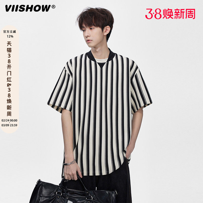 VIISHOW复古双拼V领条纹短袖T恤男宽松潮流休闲五分字母印花体恤