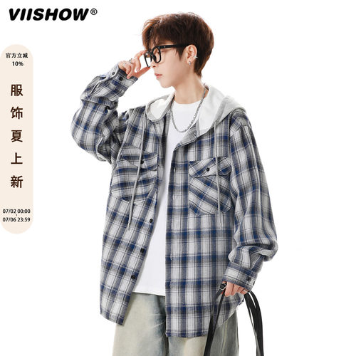 VIISHOW连帽格子长袖衬衫男寸外套休闲蓝情侣拼色方格格衬衣潮牌