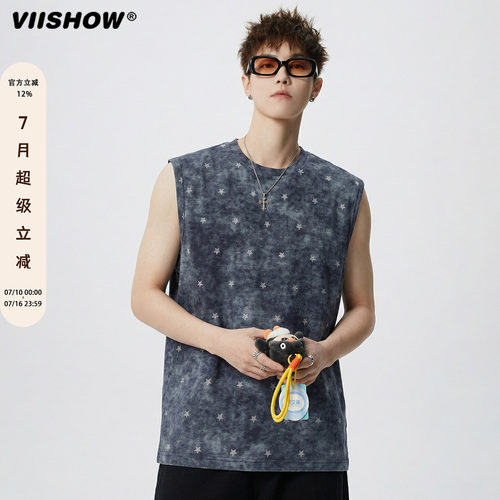 VIISHOW美式复古风星星印花背心男夏季宽松圆领无袖运动上衣情侣