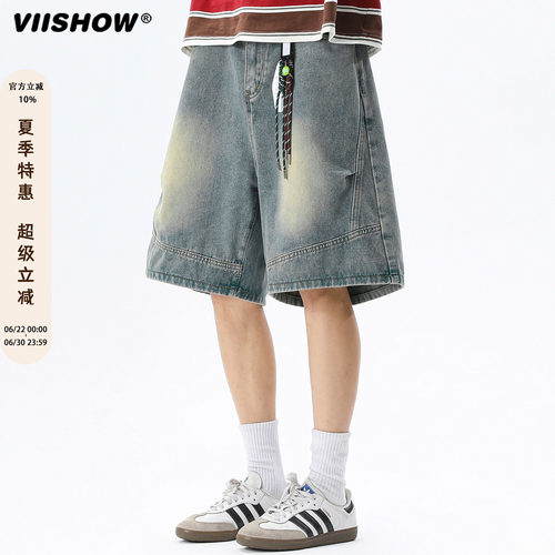 VIISHOW潮牌水洗做旧直筒牛仔五分裤男复古夏季宽松百搭休闲短裤