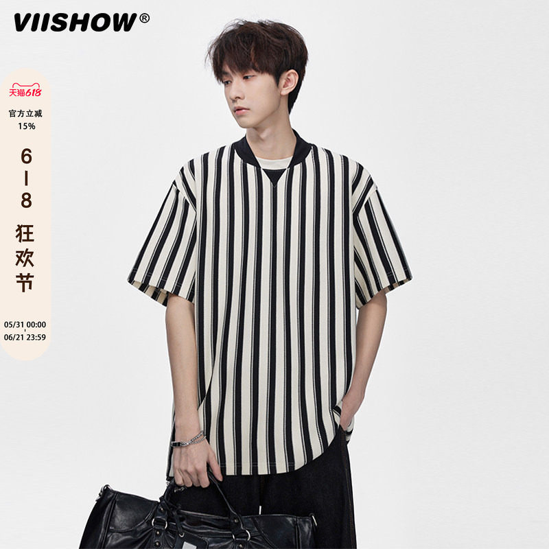 VIISHOW复古双拼V领条纹短袖T恤男宽松潮流休闲五分字母印花体恤