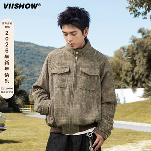 VIISHOW美式复古千鸟格立领外套男款秋潮牌宽松休闲男哈灵顿夹克