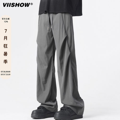 VIISHOW夏季轻薄褶皱伞兵裤男生美式复古宽松休闲直筒运动冲锋裤